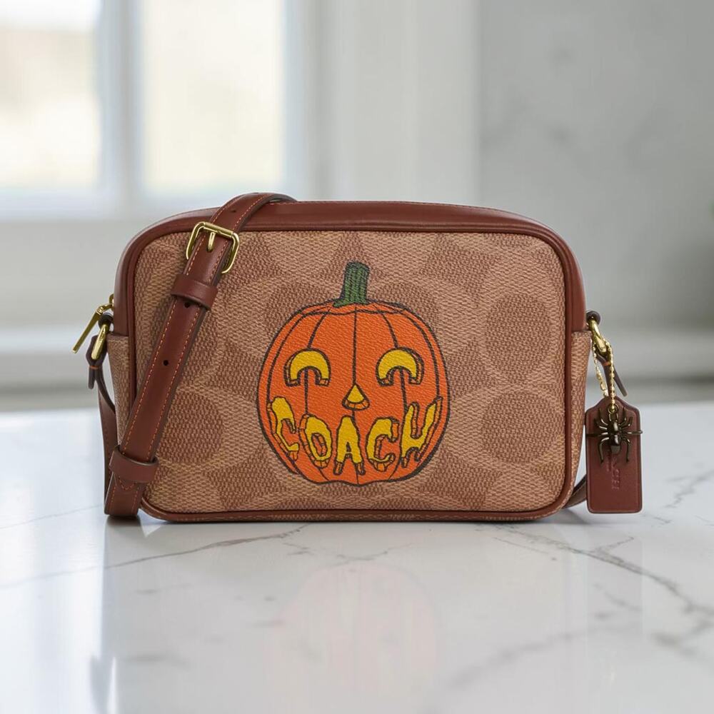 Coach NWT Jamie Camera Bag Signature Canvas Halloween Print Pumpkin Gold CCK86